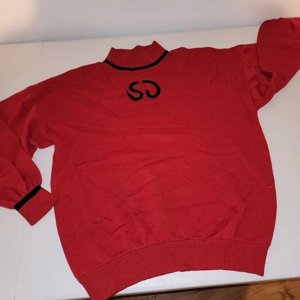 Vintage St John Womens Red Turtleneck Balloon Sleeve Initial‎ Sweater Medium